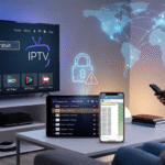Codes IPTV Gratuit : Le Guide Ultime pour Accéder aux Chaînes en 2025 3 - bugstv Utilisateur naviguant sur une interface Smart TV avec le menu "Codes IPTV Gratuit " mis en évidence, entouré d'une tablette et d'un smartphone affichant des listes de codes et une icône d'avertissement de sécurité.